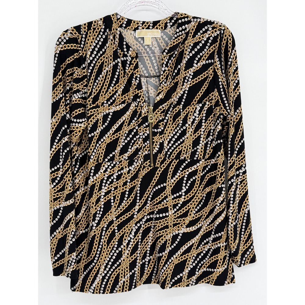 Michael Michael Kors Women Black Gold Chain Pearl Print Zip Front Blouse Sz M